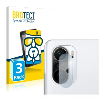 Vorderseite einer Produktverpackung mit dem Markenlogo BROTECT. Daneben ist das Gerät Xiaomi Poco F3 (NUR Kameraschutz) mit de