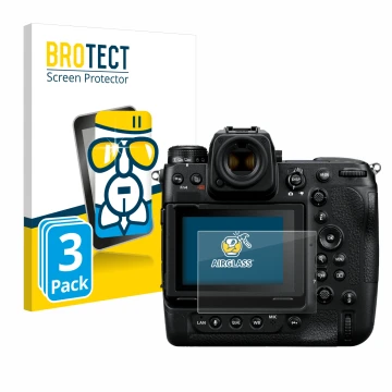 Vorderseite einer Produktverpackung mit dem Markenlogo BROTECT. Daneben ist das Gerät Nikon Z 9 mit dem zugehörigen Displaysch