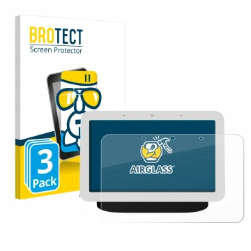 Vorderseite einer Produktverpackung mit dem Markenlogo BROTECT. Daneben ist das Gerät Google Nest Hub 2 mit dem zugehörigen Di