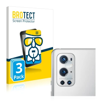 Vorderseite einer Produktverpackung mit dem Markenlogo BROTECT. Daneben ist das Gerät OnePlus 9 Pro (NUR Kameraschutz) mit dem