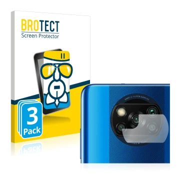 Vorderseite einer Produktverpackung mit dem Markenlogo BROTECT. Daneben ist das Gerät Xiaomi Poco X3 Pro (NUR Kameraschutz) mi
