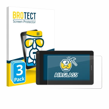 Vorderseite einer Produktverpackung mit dem Markenlogo BROTECT. Daneben ist das Gerät Huion Kamvas 13 mit dem zugehörigen Disp
