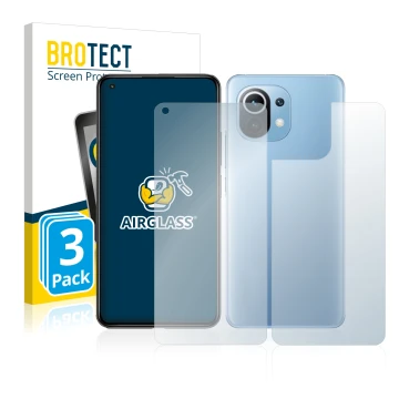 Vorderseite einer Produktverpackung mit dem Markenlogo BROTECT. Daneben ist das Gerät Xiaomi Mi 11 Lite 5G (Display+Rückseite)