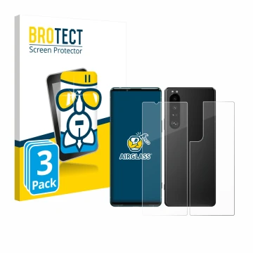 Vorderseite einer Produktverpackung mit dem Markenlogo BROTECT. Daneben ist das Gerät Sony Xperia 5 III (Display+Rückseite) mi