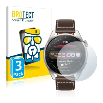 Vorderseite einer Produktverpackung mit dem Markenlogo BROTECT. Daneben ist das Gerät Huawei Watch 3 Pro mit dem zugehörigen D