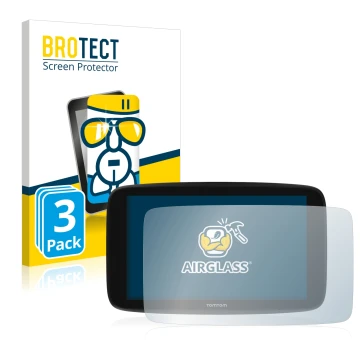 Vorderseite einer Produktverpackung mit dem Markenlogo BROTECT. Daneben ist das Gerät TomTom Go Expert 6