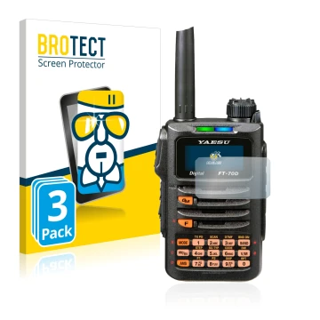 Vorderseite einer Produktverpackung mit dem Markenlogo BROTECT. Daneben ist das Gerät Yaesu FT-70DR mit dem zugehörigen Displa