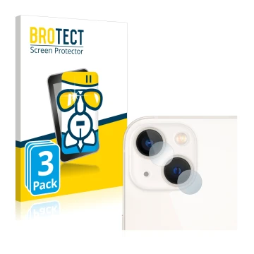 Vorderseite einer Produktverpackung mit dem Markenlogo BROTECT. Daneben ist das Gerät Apple iPhone 13 (NUR Kameraschutz) mit d