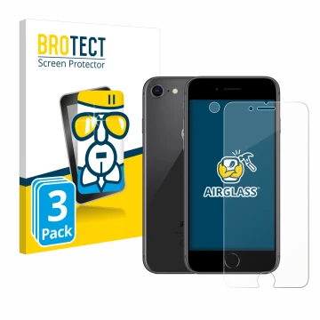 Vorderseite einer Produktverpackung mit dem Markenlogo BROTECT. Daneben ist das Gerät Apple iPhone 8 (Display+Kamera) mit dem 