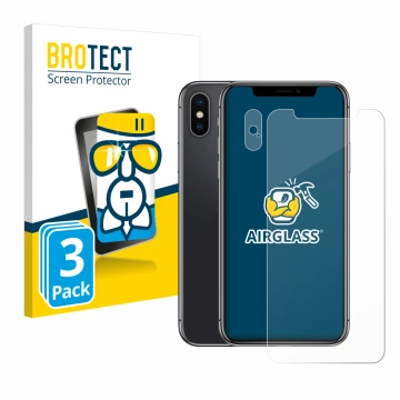 Vorderseite einer Produktverpackung mit dem Markenlogo BROTECT. Daneben ist das Gerät Apple iPhone X (Display+Kamera) mit dem 