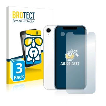 Vorderseite einer Produktverpackung mit dem Markenlogo BROTECT. Daneben ist das Gerät Apple iPhone XR (Display+Kamera) mit dem