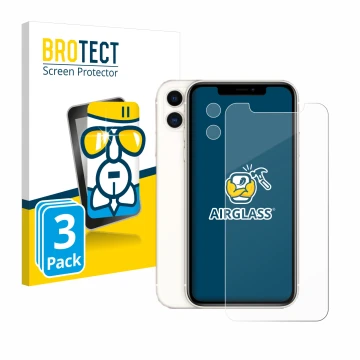 Vorderseite einer Produktverpackung mit dem Markenlogo BROTECT. Daneben ist das Gerät Apple iPhone 11 (Display+Kamera) mit dem