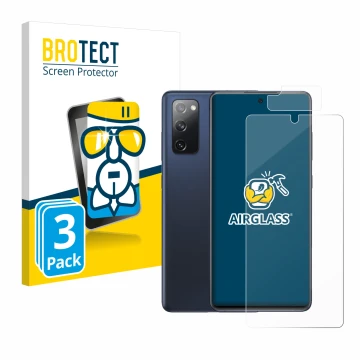 Vorderseite einer Produktverpackung mit dem Markenlogo BROTECT. Daneben ist das Gerät Samsung Galaxy S20 FE 5G (Display+Kamera