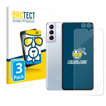 Vorderseite einer Produktverpackung mit dem Markenlogo BROTECT. Daneben ist das Gerät Samsung Galaxy S21 (Display+Kamera) mit 