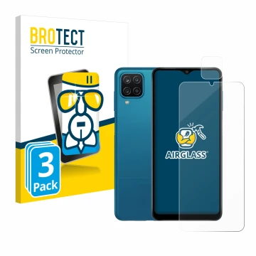 Vorderseite einer Produktverpackung mit dem Markenlogo BROTECT. Daneben ist das Gerät Samsung Galaxy A12 (Display+Kamera) mit 