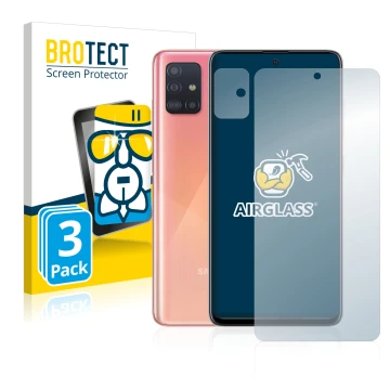 Vorderseite einer Produktverpackung mit dem Markenlogo BROTECT. Daneben ist das Gerät Samsung Galaxy A51 (Display+Kamera) mit 
