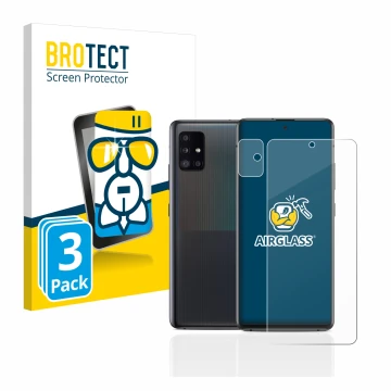 Vorderseite einer Produktverpackung mit dem Markenlogo BROTECT. Daneben ist das Gerät Samsung Galaxy A51 5G (Display+Kamera) m