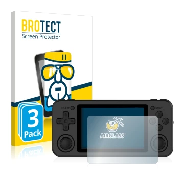 Vorderseite einer Produktverpackung mit dem Markenlogo BROTECT. Daneben ist das Gerät Anbernic RG351P mit dem zugehörigen Disp