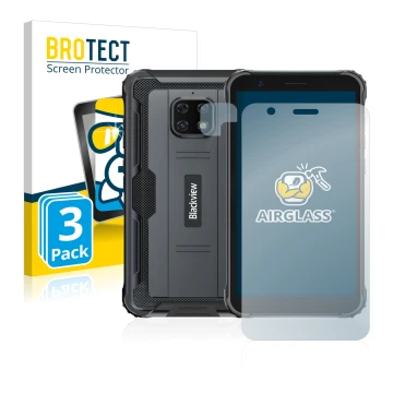 Vorderseite einer Produktverpackung mit dem Markenlogo BROTECT. Daneben ist das Gerät Blackview BV4900S (Display+Kamera) mit d