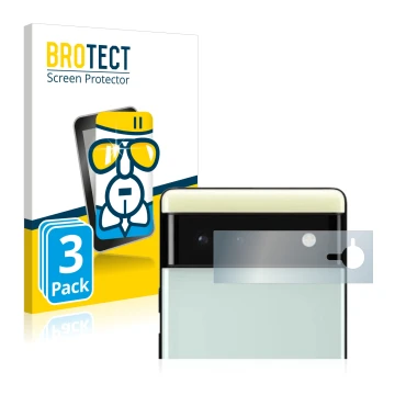 Vorderseite einer Produktverpackung mit dem Markenlogo BROTECT. Daneben ist das Gerät Google Pixel 6 (NUR Kameraschutz) mit de