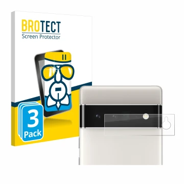 Vorderseite einer Produktverpackung mit dem Markenlogo BROTECT. Daneben ist das Gerät Google Pixel 6 Pro (NUR Kameraschutz) mi