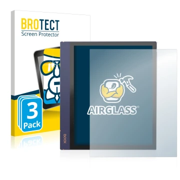 Vorderseite einer Produktverpackung mit dem Markenlogo BROTECT. Daneben ist das Gerät Boox Note Air 2 mit dem zugehörigen Disp