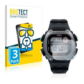 Vorderseite einer Produktverpackung mit dem Markenlogo BROTECT. Daneben ist das Gerät Casio DW-291H mit dem zugehörigen Displa