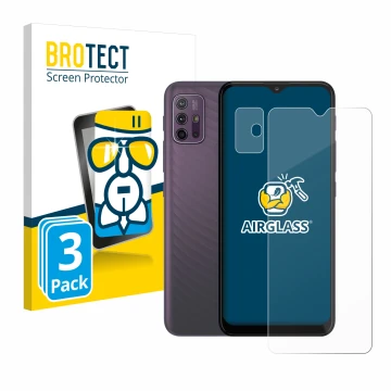 Vorderseite einer Produktverpackung mit dem Markenlogo BROTECT. Daneben ist das Gerät Motorola Moto G10 (Display+Kamera) mit d