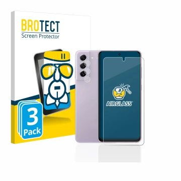 Vorderseite einer Produktverpackung mit dem Markenlogo BROTECT. Daneben ist das Gerät Samsung Galaxy S21 FE 5G (Display+Kamera