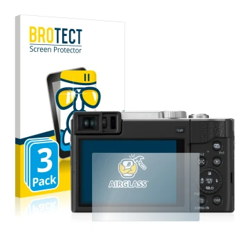 Vorderseite einer Produktverpackung mit dem Markenlogo BROTECT. Daneben ist das Gerät Panasonic Lumix DC-TZ95 mit dem zugehöri