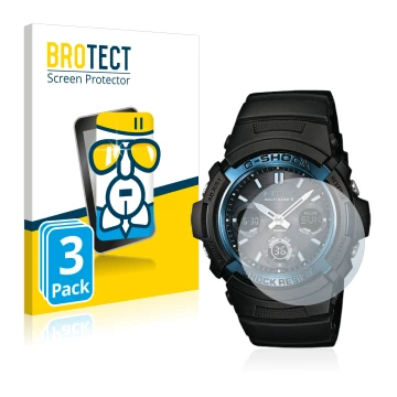 Vorderseite einer Produktverpackung mit dem Markenlogo BROTECT. Daneben ist das Gerät Casio AWG M100 mit dem zugehörigen Displ