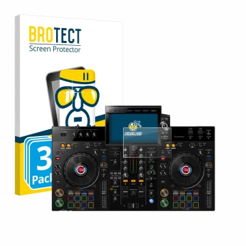 Vorderseite einer Produktverpackung mit dem Markenlogo BROTECT. Daneben ist das Gerät Pioneer XDJ-RX3 mit dem zugehörigen Disp