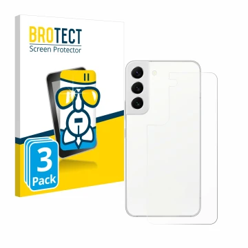 Vorderseite einer Produktverpackung mit dem Markenlogo BROTECT. Daneben ist das Gerät Samsung Galaxy S22 5G (Rückseite) mit de