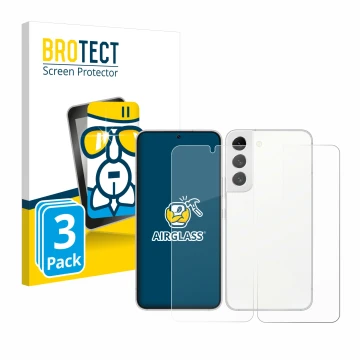 Vorderseite einer Produktverpackung mit dem Markenlogo BROTECT. Daneben ist das Gerät Samsung Galaxy S22 5G (Display+Rückseite