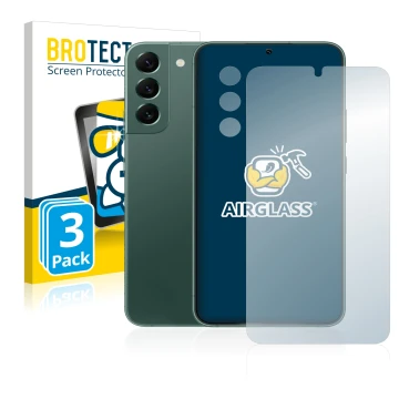 Vorderseite einer Produktverpackung mit dem Markenlogo BROTECT. Daneben ist das Gerät Samsung Galaxy S22 Plus 5G (Display+Kame