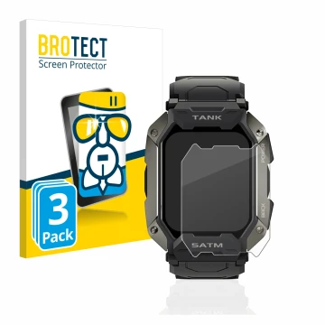 Vorderseite einer Produktverpackung mit dem Markenlogo BROTECT. Daneben ist das Gerät Kospet Tank M1 mit dem zugehörigen Displ