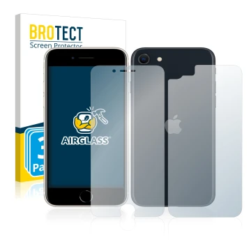 Vorderseite einer Produktverpackung mit dem Markenlogo BROTECT. Daneben ist das Gerät Apple iPhone SE 3 2022 (Display+Rückseit