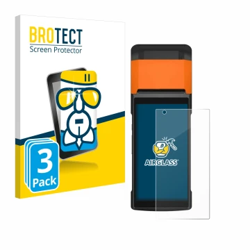 Vorderseite einer Produktverpackung mit dem Markenlogo BROTECT. Daneben ist das Gerät Sunmi V2s mit dem zugehörigen Displaysch