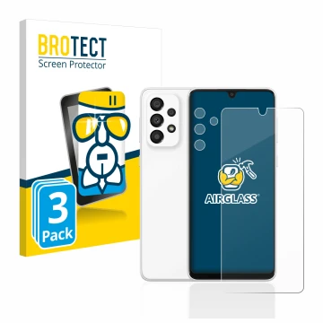 Vorderseite einer Produktverpackung mit dem Markenlogo BROTECT. Daneben ist das Gerät Samsung Galaxy A33 5G (Display+Kamera) m