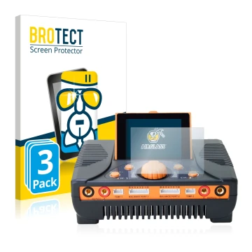 Vorderseite einer Produktverpackung mit dem Markenlogo BROTECT. Daneben ist das Gerät Junsi iCharger 406 Duo mit dem zugehörig