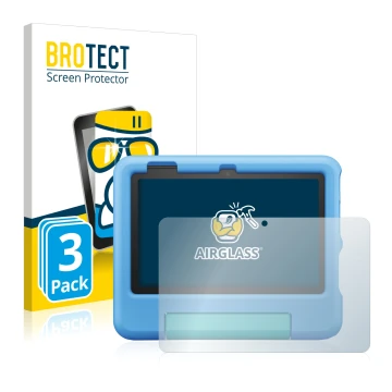 Vorderseite einer Produktverpackung mit dem Markenlogo BROTECT. Daneben ist das Gerät Amazon Fire 7 Kids 2022 mit dem zugehöri