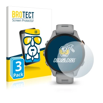 Vorderseite einer Produktverpackung mit dem Markenlogo BROTECT. Daneben ist das Gerät Garmin Forerunner 255S mit dem zugehörig
