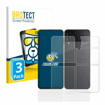 Vorderseite einer Produktverpackung mit dem Markenlogo BROTECT. Daneben ist das Gerät Samsung Galaxy Z Flip 4 (Display+Rücksei