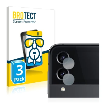 Vorderseite einer Produktverpackung mit dem Markenlogo BROTECT. Daneben ist das Gerät Samsung Galaxy Z Flip 4 (NUR Kameraschut