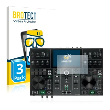 Vorderseite einer Produktverpackung mit dem Markenlogo BROTECT. Daneben ist das Gerät Denon DJ Prime Go mit dem zugehörigen Di