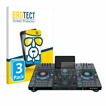 Vorderseite einer Produktverpackung mit dem Markenlogo BROTECT. Daneben ist das Gerät Denon DJ Prime 4 mit dem zugehörigen Dis