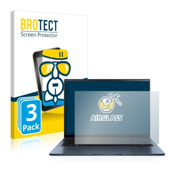 Vorderseite einer Produktverpackung mit dem Markenlogo BROTECT. Daneben ist das Gerät ASUS ZenBook S13 OLED mit dem zugehörige