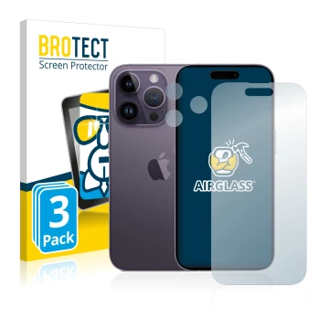 Vorderseite einer Produktverpackung mit dem Markenlogo BROTECT. Daneben ist das Gerät Apple iPhone 14 Pro (Display+Kamera) mit