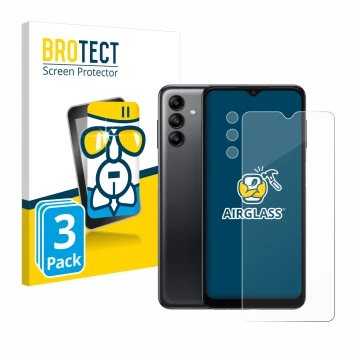 Vorderseite einer Produktverpackung mit dem Markenlogo BROTECT. Daneben ist das Gerät Samsung Galaxy A04s (Display+Kamera) mit