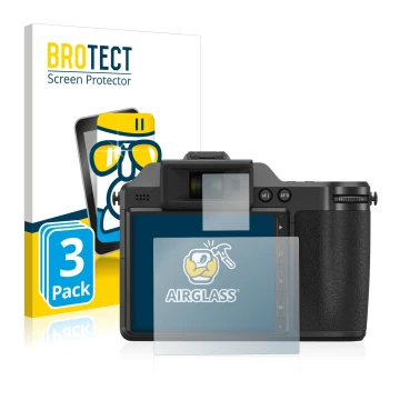 Vorderseite einer Produktverpackung mit dem Markenlogo BROTECT. Daneben ist das Gerät Fujifilm X-H2 mit dem zugehörigen Displa